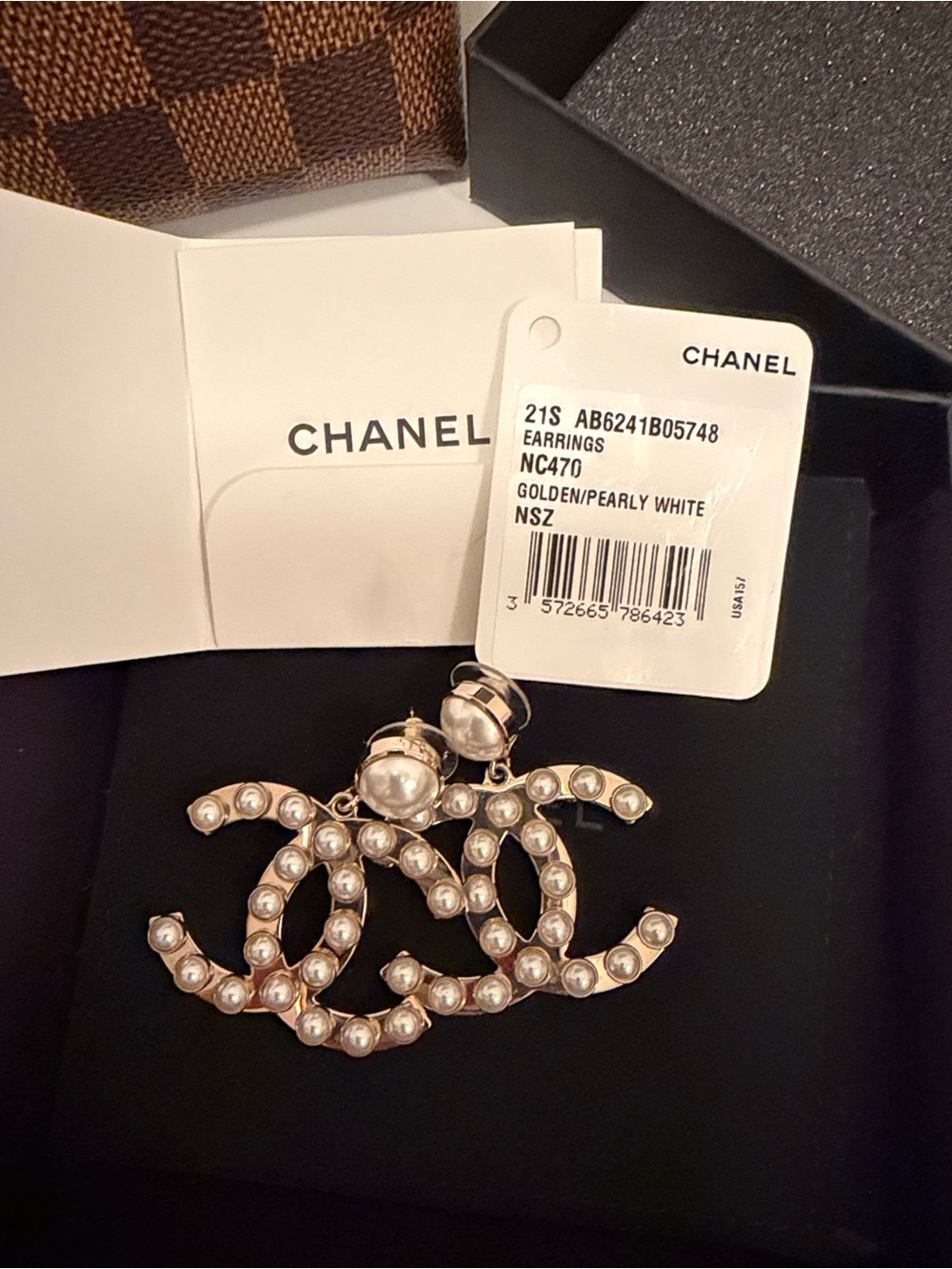 CHANEL 21S XL Gold Pearl Metal CC Logo Large Drop Statment Earrings